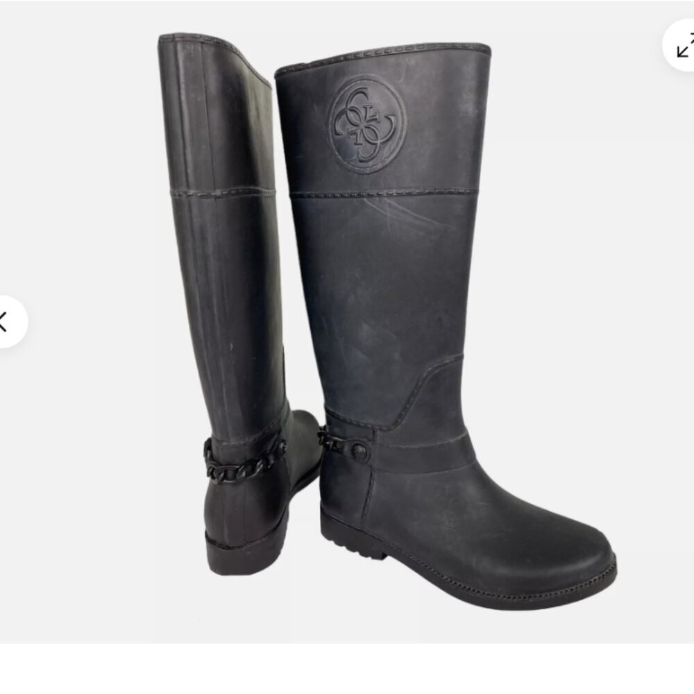 Guess GW Cougar Rain Boots Black logo chain Size 6 Riding Boot Style